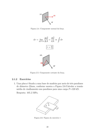 Figura 2.4: Componente normal da for¸ca.
dτ = lim
∆A→0
∆Q
∆A
=
dQ
dA
⇒ dτ
τ = Q
A
Figura 2.5: Componente cortante da for¸ca.
2.1.2 Exerc´ıcios
1. Uma placa ´e ﬁxada a uma base de madeira por meio de trˆes parafusos
de diˆametro 22mm, conforme mostra a Figura 2.6.Calcular a tens˜ao
m´edia de cisalhamento nos parafusos para uma carga P=120 kN.
Resposta: 105, 2 MPa.
P
Figura 2.6: Figura do exerc´ıcio 1
20
 