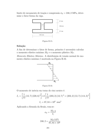 limite de escoamento de tra¸c˜ao e compress˜ao σE = 248, 2 MPa, deter-
mine o fator forma da viga.
12,7
203,2 mm
12,7 mm
228,6 mm
12,7 mm
Figura B.15:
Solu¸c˜ao:
A ﬁm de determinar o fator de forma, primeiro ´e necess´ario calcular
o momento el´astico m´aximo ME e o momento pl´astico MP .
Momento El´astico M´aximo. A distribui¸c˜ao de tens˜ao normal do mo-
mento el´astico m´aximo ´e mostrada na Figura B.16.
σE
σE
Figura B.16:
O momento de in´ercia em torno do eixo neutro ´e:
Iz =
1
12
(12, 7) (228, 6)3
+2
1
12
(203, 2)(12, 7)3
+ (203, 2)(12, 7)(114, 3)2
Iz = 87, 84 × 106
mm4
Aplicando a f´ormula da ﬂex˜ao, tem-se:
σE =
ME y
Iz
248, 2 =
ME(127)
87, 84 × 106
201
 