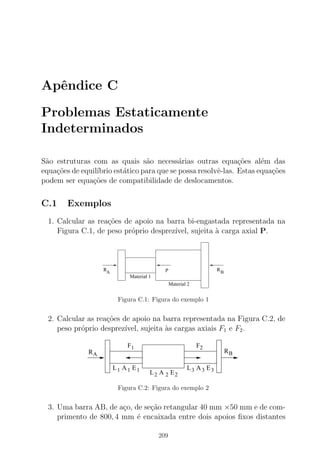 Apˆendice C
Problemas Estaticamente
Indeterminados
S˜ao estruturas com as quais s˜ao necess´arias outras equa¸c˜oes al´em das
equa¸c˜oes de equil´ıbrio est´atico para que se possa resolvˆe-las. Estas equa¸c˜oes
podem ser equa¸c˜oes de compatibilidade de deslocamentos.
C.1 Exemplos
1. Calcular as rea¸c˜oes de apoio na barra bi-engastada representada na
Figura C.1, de peso pr´oprio desprez´ıvel, sujeita `a carga axial P.
RA
RB
Material 1
Material 2
P
Figura C.1: Figura do exemplo 1
2. Calcular as rea¸c˜oes de apoio na barra representada na Figura C.2, de
peso pr´oprio desprez´ıvel, sujeita `as cargas axiais F1 e F2.
L3 A3 E3
L2 A 2 E2
L1 A1 E1
RA
RB
F1 F2
Figura C.2: Figura do exemplo 2
3. Uma barra AB, de a¸co, de se¸c˜ao retangular 40 mm ×50 mm e de com-
primento de 800, 4 mm ´e encaixada entre dois apoios ﬁxos distantes
209
 