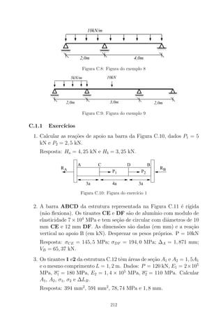 00000000
0000
11111111
1111
0000000000
00000
1111111111
11111
0000000000
00000
1111111111
11111
10kN/m
2,0m 4,0m
Figura C.8: Figura do exemplo 8
000000000000000
111111111111111 00000000001111111111
000000000000
111111111111
000000000000000
111111111111111
5kN/m 10kN
3,0m 2,0m2,0m
Figura C.9: Figura do exemplo 9
C.1.1 Exerc´ıcios
1. Calcular as rea¸c˜oes de apoio na barra da Figura C.10, dados P1 = 5
kN e P2 = 2, 5 kN.
Resposta: Ha = 4, 25 kN e Hb = 3, 25 kN.
P1 P2
RBRA
CA BD
3a 3a4a
Figura C.10: Figura do exerc´ıcio 1
2. A barra ABCD da estrutura representada na Figura C.11 ´e r´ıgida
(n˜ao ﬂexiona). Os tirantes CE e DF s˜ao de alum´ınio com modulo de
elasticidade 7 × 104
MPa e tem se¸c˜ao de circular com diˆametros de 10
mm CE e 12 mm DF. As dimens˜oes s˜ao dadas (em mm) e a rea¸c˜ao
vertical no apoio B (em kN). Desprezar os pesos pr´oprios. P = 10kN
Resposta: σCE = 145, 5 MPa; σDF = 194, 0 MPa; ∆A = 1, 871 mm;
VB = 65, 37 kN.
3. Os tirantes 1 e2 da estrutura C.12 tˆem ´areas de se¸c˜ao A1 e A2 = 1, 5A1
e o mesmo comprimento L = 1, 2 m. Dados: P = 120 kN, E1 = 2×105
MPa, σ1 = 180 MPa, E2 = 1, 4 × 105
MPa, σ2 = 110 MPa. Calcular
A1, A2, σ1, σ2 e ∆LB.
Resposta: 394 mm2
, 591 mm2
, 78, 74 MPa e 1, 8 mm.
212
 