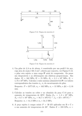 000
00
111
11
DBA C
E
F
450 300 200
P
600
750
Figura C.11: Figura do exerc´ıcio 2
000
0
111
1
CBA
P
1,5m 0,4m0,5m
1,2m 1,2m
12
Figura C.12: Figura do exerc´ıcio 3
4. Um pilar de 2, 8 m de altura, ´e constitu´ıdo por um perﬁl I de a¸co,
cuja ´area de se¸c˜ao ´e 68, 5 cm2
, coberto por concreto, ver Figura C.13.
o pilar esta sujeito a uma carga P axial de compress˜ao. Os pesos
s˜ao desprez´ıveis e as deforma¸c˜oes s˜ao el´asticas proporcionais. S˜ao
dados: σa = 162 MPa, σc = 15 MPa, Ea = 2, 1 × 105
MPa, Ec =
1, 75×104
MPa. Calcular o valor m´aximo admiss´ıvel de P e os valores
correspondentes das tens˜oes σa, σc do encurtamento do pilar.
Resposta: P = 3177 kN, σa = 162 MPa, σc = 13 MPa, e ∆L = 2, 16
mm.
5. Calcular as tens˜oes no cobre e no alum´ınio da pe¸ca C.14 para o
aumento de temperatura de 20o
C. Dados Ecu = 1, 2 × 105
MPa,
Ea = 0, 7 × 105
MPa, αcu = 16, 7 × 106
(o
C)−1
, αa = 23 × 106
(o
C)−1
Resposta: σc = 14, 5 MPa e σa = 54, 5 MPa.
6. A pe¸ca sujeita `a cargas axiais P = 30 kN aplicadas em B e C e
a um aumento de temperatura de 30o
. Dados E = 210 GPa, α =
213
 