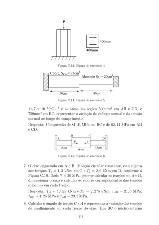 P
400mm
400mm
Figura C.13: Figura do exerc´ıcio 4
40cm60cm
Cu
2
Cobre, S = 75cm
2
AlAluminio S = 20cm
00
0000
0000
0000
11
1111
1111
1111
0000
0000
1111
1111
Figura C.14: Figura do exerc´ıcio 5
11, 7 × 10−6
(o
C)−1
e as ´areas das se¸c˜oes 500mm2
em AB e CD, e
750mm2
em BC, representar a varia¸c˜ao do esfor¸co normal e da tens˜ao
normal ao longo do comprimento.
Resposta: Compress˜ao de 81, 43 MPa em BC e de 62, 14 MPa em AB
e CD.
00
000
00
11
111
11
00
000
00
11
111
11
P P
15cm 15cm
C
D
B
A
45cm
Figura C.15: Figura do exerc´ıcio 6
7. O eixo engastado em A e B, de se¸c˜ao circular constante, esta sujeito
aos torques T1 = 1, 3 kNm em C e T2 = 2, 6 kNm em D, conforme a
Figura C.16. Dado τ = 30 MPa, pede-se calcular as rea¸c˜oes em A e B,
dimensionar o eixo e calcular os valores correspondentes das tens˜oes
m´aximas em cada trecho.
Resposta: TA = 1, 625 kNm e TB = 2, 275 kNm, τAB = 21, 3 MPa,
τBC = 4, 25 MPa e τAB = 29, 8 MPa.
8. Calcular o ˆangulo de tor¸c˜ao C ×A e representar a varia¸c˜ao das tens˜oes
de cisalhamento em cada trecho do eixo. Em BC o n´ucleo interno
214
 