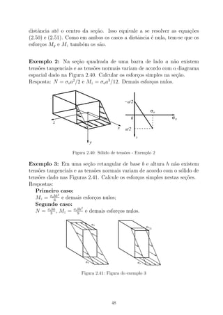 distˆancia at´e o centro da se¸c˜ao. Isso equivale a se resolver as equa¸c˜oes
(2.50) e (2.51). Como em ambos os casos a distˆancia ´e nula, tem-se que os
esfor¸cos My e Mz tamb´em os s˜ao.
Exemplo 2: Na se¸c˜ao quadrada de uma barra de lado a n˜ao existem
tens˜oes tangenciais e as tens˜oes normais variam de acordo com o diagrama
espacial dado na Figura 2.40. Calcular os esfor¸cos simples na se¸c˜ao.
Resposta: N = σoa2
/2 e Mz = σoa3
/12. Demais esfor¸cos nulos.
z
x
y
xσ
σo...
a/2
−a/2
0
y
Figura 2.40: S´olido de tens˜oes - Exemplo 2
Exemplo 3: Em uma se¸c˜ao retangular de base b e altura h n˜ao existem
tens˜oes tangenciais e as tens˜oes normais variam de acordo com o s´olido de
tens˜oes dado nas Figuras 2.41. Calcule os esfor¸cos simples nestas se¸c˜oes.
Respostas:
Primeiro caso:
Mz = σobh2
6 e demais esfor¸cos nulos;
Segundo caso:
N = σobh
3 , Mz = σobh2
9 e demais esfor¸cos nulos.
σo
σo
σo
σo
/3
Figura 2.41: Figura do exemplo 3
48
 