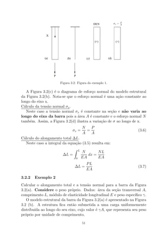 Figura 3.2: Figura do exemplo 1.
A Figura 3.2(c) ´e o diagrama de esfor¸co normal do modelo estrutural
da Figura 3.2(b). Nota-se que o esfor¸co normal ´e uma a¸c˜ao constante ao
longo do eixo x.
C´alculo da tens˜ao normal σx.
Neste caso a tens˜ao normal σx ´e constante na se¸c˜ao e n˜ao varia ao
longo do eixo da barra pois a ´area A ´e constante e o esfor¸co normal N
tamb´em. Assim, a Figura 3.2(d) ilustra a varia¸c˜ao de σ ao longo de x.
σx =
N
A
=
P
A
(3.6)
C´alculo do alongamento total ∆L.
Neste caso a integral da equa¸c˜ao (3.5) resulta em:
∆L =
L
0
N
EA
dx =
NL
EA
∆L =
PL
EA
(3.7)
3.2.2 Exemplo 2
Calcular o alongamento total e a tens˜ao normal para a barra da Figura
3.2(a). Considere o peso pr´oprio. Dados: ´area da se¸c˜ao transversal A,
comprimento L, m´odulo de elasticidade longitudinal E e peso espec´ıﬁco γ.
O modelo estrutural da barra da Figura 3.2(a) ´e apresentado na Figura
3.2 (b). A estrutura ﬁca ent˜ao submetida a uma carga uniformemente
distribu´ıda ao longo do seu eixo, cujo valor ´e γA, que representa seu peso
pr´oprio por unidade de comprimento.
51
 