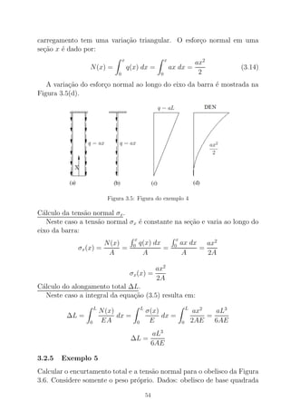 carregamento tem uma varia¸c˜ao triangular. O esfor¸co normal em uma
se¸c˜ao x ´e dado por:
N(x) =
x
0
q(x) dx =
x
0
ax dx =
ax2
2
(3.14)
A varia¸c˜ao do esfor¸co normal ao longo do eixo da barra ´e mostrada na
Figura 3.5(d).
Figura 3.5: Figura do exemplo 4
C´alculo da tens˜ao normal σx.
Neste caso a tens˜ao normal σx ´e constante na se¸c˜ao e varia ao longo do
eixo da barra:
σx(x) =
N(x)
A
=
x
0 q(x) dx
A
=
x
0 ax dx
A
=
ax2
2A
σx(x) =
ax2
2A
C´alculo do alongamento total ∆L.
Neste caso a integral da equa¸c˜ao (3.5) resulta em:
∆L =
L
0
N(x)
EA
dx =
L
0
σ(x)
E
dx =
L
0
ax2
2AE
=
aL3
6AE
∆L =
aL3
6AE
3.2.5 Exemplo 5
Calcular o encurtamento total e a tens˜ao normal para o obelisco da Figura
3.6. Considere somente o peso pr´oprio. Dados: obelisco de base quadrada
54
 