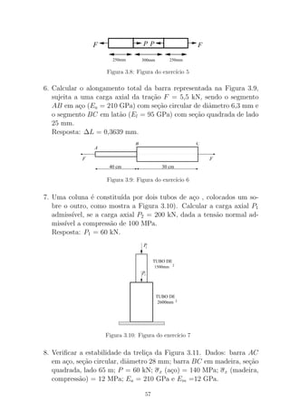 FF PP
250mm 300mm 250mm
Figura 3.8: Figura do exerc´ıcio 5
6. Calcular o alongamento total da barra representada na Figura 3.9,
sujeita a uma carga axial da tra¸c˜ao F = 5,5 kN, sendo o segmento
AB em a¸co (Ea = 210 GPa) com se¸c˜ao circular de diˆametro 6,3 mm e
o segmento BC em lat˜ao (El = 95 GPa) com se¸c˜ao quadrada de lado
25 mm.
Resposta: ∆L = 0,3639 mm.
30 cm40 cm
F F
A
B C
Figura 3.9: Figura do exerc´ıcio 6
7. Uma coluna ´e constitu´ıda por dois tubos de a¸co , colocados um so-
bre o outro, como mostra a Figura 3.10). Calcular a carga axial P1
admiss´ıvel, se a carga axial P2 = 200 kN, dada a tens˜ao normal ad-
miss´ıvel a compress˜ao de 100 MPa.
Resposta: P1 = 60 kN.
2
1500mm 2
TUBO DE
2
2600mm 2
TUBO DE
00000000000000000
00000000000000000
11111111111111111
11111111111111111
P
P2
1
Figura 3.10: Figura do exerc´ıcio 7
8. Veriﬁcar a estabilidade da treli¸ca da Figura 3.11. Dados: barra AC
em a¸co, se¸c˜ao circular, diˆametro 28 mm; barra BC em madeira, se¸c˜ao
quadrada, lado 65 m; P = 60 kN; σx (a¸co) = 140 MPa; σx (madeira,
compress˜ao) = 12 MPa; Ea = 210 GPa e Em =12 GPa.
57
 