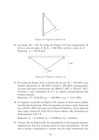 0
60
30
0
000
000
000000
000
000
000
000000
000
000
000
000000
000
000
000
000
000000
000
000
000000
000
000
000
000000
000
000000
000
000
000
000000
000
000000
000
000
000
000000
111
111
111111
111
111
111
111111
111
111
111
111111
111
111
111
111
111111
111
111
111111
111
111
111
111111
111
111111
111
111
111
111111
111
111111
111
111
111
111111
60 KN
A
B
C
Figura 3.16: Figura do exerc´ıcio 13.
14. As barras AC e BC da treli¸ca da Figura 3.17 tem comprimento de
3,0 m e ´area de se¸c˜ao A. Se σx = 220 MPa, calcular o valor de A.
Resposta: A = 170,45 mm
2
.
45KN
1.80m
A B
C
Figura 3.17: Figura do exerc´ıcio 14
15. Na treli¸ca da Figura 3.18, as barras s˜ao de a¸co (E = 210 GPa) com
tens˜oes admiss´ıveis de 210 MPa (tra¸c˜ao) e 166 MPa (compreess˜ao).
As ´areas das se¸c˜oes transversais s˜ao 400mm2
(BC) e 525mm2
(AC).
Calcular o valor admiss´ıvel de P e os valores correspondentes das
tens˜oes normais.
Respostas: P= 52,29 kN,σAC = 166 MPa e σBC = 174,8 MPa.
16. O conjunto, mostrado na Figura 3.19, consiste de duas barras r´ıgidas
inicialmente horizontais. Elas s˜ao apoiadas por pinos e pelas hastes de
a¸co A-36 FC e EB, cada uma com 6,35mm de diˆametro. Se for aplicada
uma carga vertical de 22,24 kN na barra inferior AB, determinar os
deslocamentos C,B e E.
Resposta: δC = 0, 214mm; δE = 0, 0428mm; δB = 0, 85mm.
17. A barra AB, da Figura 3.20, de comprimento L est´a suspensa horizon-
talmente por dois ﬁos verticais presos `as suas extremidades. Os ﬁos
tˆem o mesmo comprimento e mesma ´area de se¸c˜ao transversal mas
60
 