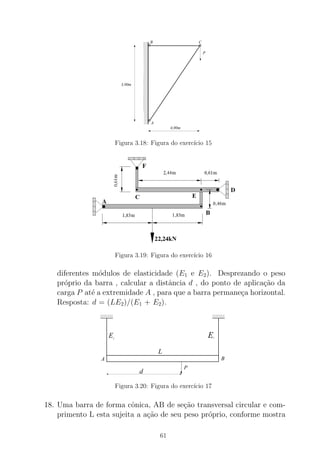 000000000
000000000000000
000000000000000000
000000000000000
000000000000
000000000000
000000000000
000000000000
000000000000000
000000000
000000
111111111
111111111111111
111111111111111111
111111111111111
111111111111
111111111111
111111111111
111111111111
111111111111111
111111111
111111
A
B C
P
4,00m
3,00m
Figura 3.18: Figura do exerc´ıcio 15
Figura 3.19: Figura do exerc´ıcio 16
diferentes m´odulos de elasticidade (E1 e E2). Desprezando o peso
pr´oprio da barra , calcular a distˆancia d , do ponto de aplica¸c˜ao da
carga P at´e a extremidade A , para que a barra permane¸ca horizontal.
Resposta: d = (LE2)/(E1 + E2).
E1
E2
0000
0000
00000000
1111
1111
11111111
00000
0000000000
00000
11111
1111111111
11111
P
A B
d
L
Figura 3.20: Figura do exerc´ıcio 17
18. Uma barra de forma cˆonica, AB de se¸c˜ao transversal circular e com-
primento L esta sujeita a a¸c˜ao de seu peso pr´oprio, conforme mostra
61
 