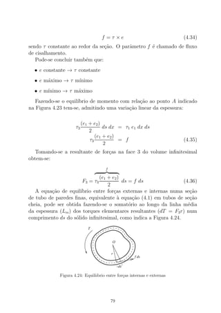 f = τ × e (4.34)
sendo τ constante ao redor da se¸c˜ao. O parˆametro f ´e chamado de ﬂuxo
de cisalhamento.
Pode-se concluir tamb´em que:
• e constante → τ constante
• e m´aximo → τ m´ınimo
• e m´ınimo → τ m´aximo
Fazendo-se o equil´ıbrio de momento com rela¸c˜ao ao ponto A indicado
na Figura 4.23 tem-se, admitindo uma varia¸c˜ao linear da espessura:
τ3
(e1 + e2)
2
ds dx = τ1 e1 dx ds
τ3
(e1 + e2)
2
= f (4.35)
Tomando-se a resultante de for¸cas na face 3 do volume inﬁnitesimal
obtem-se:
F3 =
f
τ3
(e1 + e2)
2
ds = f ds (4.36)
A equa¸c˜ao de equil´ıbrio entre for¸cas externas e internas numa se¸c˜ao
de tubo de paredes ﬁnas, equivalente `a equa¸c˜ao (4.1) em tubos de se¸c˜ao
cheia, pode ser obtida fazendo-se o somat´orio ao longo da linha m´edia
da espessura (Lm) dos torques elementares resultantes (dT = F3r) num
comprimento ds do s´olido inﬁnitesimal, como indica a Figura 4.24.
r
f ds
ds
T
O
Figura 4.24: Equil´ııbrio entre for¸cas internas e externas
79
 
