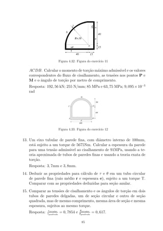 Figura 4.32: Figura do exerc´ıcio 11
ACDB. Calcular o momento de tor¸c˜ao m´aximo admiss´ıvel e os valores
correspondentes do ﬂuxo de cisalhamento, as tens˜oes nos pontos P e
M e o ˆangulo de tor¸c˜ao por metro de comprimento.
Resposta: 192, 56 kN; 255 N/mm; 85 MPa e 63, 75 MPa; 9, 095×10−3
rad
0000000000000000000000000000000000000000000000000000000000
0000000000000000000000000000000000000000000000000000000000
000000000000000000000000000000000000000000000000000000000000000000000000000000000000000
0000000000000000000000000000000000000000000000000000000000
000000000000000000000000000000000000000000000000000000000000000000000000000000000000000
0000000000000000000000000000000000000000000000000000000000
000000000000000000000000000000000000000000000000000000000000000000000000000000000000000
000000000000000000000000000000000000000000000000000000000000000000000000000000000000000
0000000000000000000000000000000000000000000000000000000000
0000000000000000000000000000000000000000000000000000000000
1111111111111111111111111111111111111111111111111111111111
1111111111111111111111111111111111111111111111111111111111
111111111111111111111111111111111111111111111111111111111111111111111111111111111111111
1111111111111111111111111111111111111111111111111111111111
111111111111111111111111111111111111111111111111111111111111111111111111111111111111111
1111111111111111111111111111111111111111111111111111111111
111111111111111111111111111111111111111111111111111111111111111111111111111111111111111
111111111111111111111111111111111111111111111111111111111111111111111111111111111111111
1111111111111111111111111111111111111111111111111111111111
1111111111111111111111111111111111111111111111111111111111
0000000000000000000000000000000000000000000000000000000000
0000000000000000000000000000000000000000000000000000000000
000000000000000000000000000000000000000000000000000000000000000000000000000000000000000
0000000000000000000000000000000000000000000000000000000000
000000000000000000000000000000000000000000000000000000000000000000000000000000000000000
0000000000000000000000000000000000000000000000000000000000
000000000000000000000000000000000000000000000000000000000000000000000000000000000000000
000000000000000000000000000000000000000000000000000000000000000000000000000000000000000
0000000000000000000000000000000000000000000000000000000000
000000000000000000000000000000000000000000000000000000000000000000000000000000000000000
000000000000000000000000000000000000000000000000000000000000000000000000000000000000000
0000000000000000000000000000000000000000000000000000000000
000000000000000000000000000000000000000000000000000000000000000000000000000000000000000
0000000000000000000000000000000000000000000000000000000000
1111111111111111111111111111111111111111111111111111111111
1111111111111111111111111111111111111111111111111111111111
111111111111111111111111111111111111111111111111111111111111111111111111111111111111111
1111111111111111111111111111111111111111111111111111111111
111111111111111111111111111111111111111111111111111111111111111111111111111111111111111
1111111111111111111111111111111111111111111111111111111111
111111111111111111111111111111111111111111111111111111111111111111111111111111111111111
111111111111111111111111111111111111111111111111111111111111111111111111111111111111111
1111111111111111111111111111111111111111111111111111111111
111111111111111111111111111111111111111111111111111111111111111111111111111111111111111
111111111111111111111111111111111111111111111111111111111111111111111111111111111111111
1111111111111111111111111111111111111111111111111111111111
111111111111111111111111111111111111111111111111111111111111111111111111111111111111111
1111111111111111111111111111111111111111111111111111111111
300
M
C D
A B
400
600
P
Figura 4.33: Figura do exerc´ıcio 12
13. Um eixo tubular de parede ﬁna, com diˆametro interno de 100mm,
est´a sujeito a um torque de 5675Nm. Calcular a espessura da parede
para uma tens˜ao admissivel ao cisalhamento de 91MPa, usando a te-
oria aproximada de tubos de paredes ﬁnas e usando a teoria exata de
tor¸c˜ao.
Resposta: 3, 7mm e 3, 8mm.
14. Deduzir as propriedades para c´alculo de τ e θ em um tubo circular
de parede ﬁna (raio m´edio r e espessura e), sujeito a um torque T.
Comparar com as propriedades deduzidas para se¸c˜ao anular.
15. Comparar as tens˜oes de cisalhamento e os ˆangulos de tor¸c˜ao em dois
tubos de paredes delgadas, um de se¸c˜ao circular e outro de se¸c˜ao
quadrada, mas de mesmo comprimento, mesma ´area de se¸c˜ao e mesma
espessura, sujeitos ao mesmo torque.
Resposta: τcircular
τquadrada
= 0, 7854 e θcircular
θquadrada
= 0, 617.
85
 