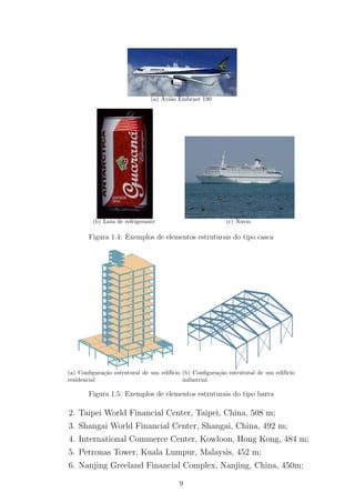 (a) Avi˜ao Embraer 190
(b) Lata de refrigerante (c) Navio
Figura 1.4: Exemplos de elementos estruturais do tipo casca
(a) Conﬁgura¸c˜ao estrutural de um edif´ıcio
residencial
(b) Conﬁgura¸c˜ao estrutural de um edif´ıcio
industrial
Figura 1.5: Exemplos de elementos estruturais do tipo barra
2. Taipei World Financial Center, Taipei, China, 508 m;
3. Shangai World Financial Center, Shangai, China, 492 m;
4. International Commerce Center, Kowloon, Hong Kong, 484 m;
5. Petronas Tower, Kuala Lumpur, Malaysis, 452 m;
6. Nanjing Greeland Financial Complex, Nanjing, China, 450m;
9
 