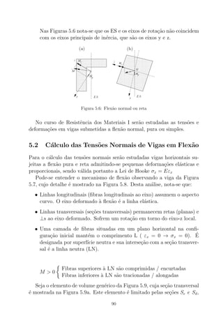 Nas Figuras 5.6 nota-se que os ES e os eixos de rota¸c˜ao n˜ao coincidem
com os eixos principais de in´ercia, que s˜ao os eixos y e z.
Figura 5.6: Flex˜ao normal ou reta
No curso de Resistˆencia dos Materiais I ser˜ao estudadas as tens˜oes e
deforma¸c˜oes em vigas submetidas a ﬂex˜ao normal, pura ou simples.
5.2 C´alculo das Tens˜oes Normais de Vigas em Flex˜ao
Para o c´alculo das tens˜oes normais ser˜ao estudadas vigas horizontais su-
jeitas a ﬂex˜ao pura e reta admitindo-se pequenas deforma¸c˜oes el´asticas e
proporcionais, sendo v´alida portanto a Lei de Hooke σx = Eεx
Pode-se entender o mecanismo de ﬂex˜ao observando a viga da Figura
5.7, cujo detalhe ´e mostrado na Figura 5.8. Desta an´alise, nota-se que:
• Linhas longitudinais (ﬁbras longitudinais ao eixo) assumem o aspecto
curvo. O eixo deformado `a ﬂex˜ao ´e a linha el´astica.
• Linhas transversais (se¸c˜oes transversais) permanecem retas (planas) e
⊥s ao eixo deformado. Sofrem um rota¸c˜ao em torno do eixo-z local.
• Uma camada de ﬁbras situadas em um plano horizontal na conﬁ-
gura¸c˜ao inicial mant´em o comprimento L ( εx = 0 → σx = 0). ´E
designada por superf´ıcie neutra e sua interse¸c˜ao com a se¸c˜ao transver-
sal ´e a linha neutra (LN).
M > 0
Fibras superiores `a LN s˜ao comprimidas / encurtadas
Fibras inferiores `a LN s˜ao tracionadas / alongadas
Seja o elemento de volume gen´erico da Figura 5.9, cuja se¸c˜ao transversal
´e mostrada na Figura 5.9a. Este elemento ´e limitado pelas se¸c˜oes Se e Sd,
90
 