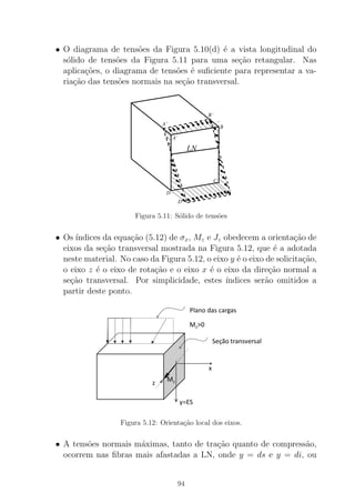• O diagrama de tens˜oes da Figura 5.10(d) ´e a vista longitudinal do
s´olido de tens˜oes da Figura 5.11 para uma se¸c˜ao retangular. Nas
aplica¸c˜oes, o diagrama de tens˜oes ´e suﬁciente para representar a va-
ria¸c˜ao das tens˜oes normais na se¸c˜ao transversal.
LN
C’
C
B’
B
A’
A’
D
D’
o
Figura 5.11: S´olido de tens˜oes
• Os ´ındices da equa¸c˜ao (5.12) de σx, Mz e Jz obedecem a orienta¸c˜ao de
eixos da se¸c˜ao transversal mostrada na Figura 5.12, que ´e a adotada
neste material. No caso da Figura 5.12, o eixo y ´e o eixo de solicita¸c˜ao,
o eixo z ´e o eixo de rota¸c˜ao e o eixo x ´e o eixo da dire¸c˜ao normal a
se¸c˜ao transversal. Por simplicidade, estes ´ındices ser˜ao omitidos a
partir deste ponto.
Figura 5.12: Orienta¸c˜ao local dos eixos.
• A tens˜oes normais m´aximas, tanto de tra¸c˜ao quanto de compress˜ao,
ocorrem nas ﬁbras mais afastadas a LN, onde y = ds e y = di, ou
94
 