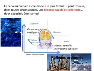 Réﬂexes	
  ordonnés	
  
Cerveau	
  chao-que	
  
Inteligencia	
  
	
  	
  
Ini6a6ve	
  	
  
Patrons	
  cumulés	
  	
  
Inconscients-­‐eﬃcients	
  
Adaptabilité	
  
Adapta<on	
  
Adapté	
  
Système	
  nerveux	
  volontaire	
  cérébro-­‐spinal	
  
Système	
  nerveux	
  autonome	
  
	
  
Vigilance	
  	
  
neuroceptrice	
  
Le	
  cerveau	
  humain	
  est	
  le	
  modèle	
  le	
  plus	
  évolué.	
  Il	
  peut	
  trouver,	
  
dans	
  toutes	
  circonstances,	
  une	
  réponse	
  rapide	
  et	
  cohérente…	
  
deux	
  capacités	
  étonnantes!	
  
 