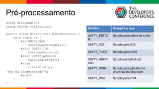 Globalcode – Open4education
Pré-processamento
using UnityEngine;
using System.Collections;
public class Directives: MonoBehaviour {
void Start () {
#if UNITY_WSA
callWindowsLeaders();
#elif UNITY_IOS
callGameCenter();
#elif UNITY_ANDROID
callGooglePlay();
#else
createDialog(
“Não há leaderboards”);
#endif
}
}
Diretiva Compila o que...
UNITY_EDITO
R
Scripts para editor da Unity
UNITY_IOS Scripts para iOS
UNITY_TVOS Scripts para tvOS
UNITY_ANDR
OID
Scripts para Android
UNITY_WSA Scripts para plataforma
universal da Microsoft
UNITY_PS4 Scripts para PS4
 