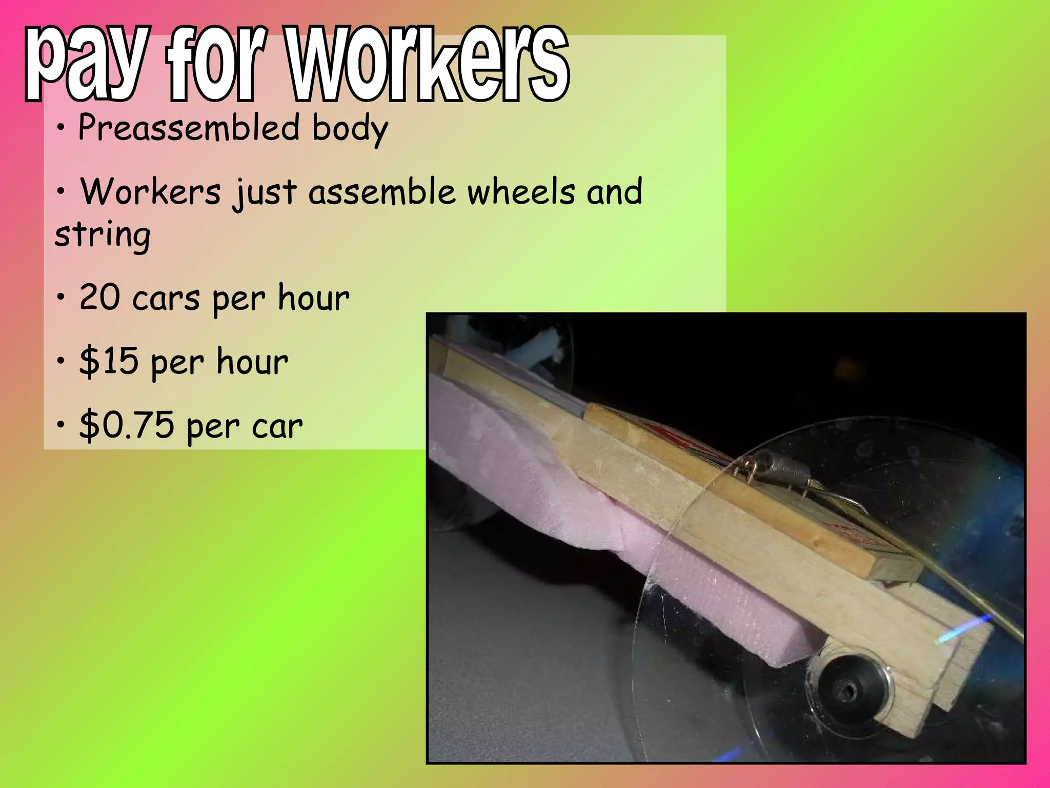 Preassembled body Workers just assemble wheels and string 20 cars per hour $15 per hour  $0.75 per car pay for workers 