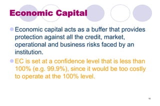 10
Economic Capital
Economic capital acts as a buffer that provides
protection against all the credit, market,
operational and business risks faced by an
institution.
EC is set at a confidence level that is less than
100% (e.g. 99.9%), since it would be too costly
to operate at the 100% level.
 