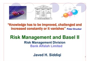 2
“Knowledge has to be improved, challenged and
increased constantly or it vanishes” Peter Drucker
Risk Management and Basel II
Risk Management Division
Bank Alfalah Limited
Javed H. Siddiqi
 