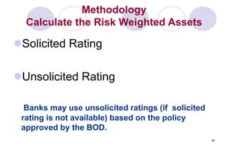 38
Methodology
Calculate the Risk Weighted Assets
Solicited Rating
Unsolicited Rating
Banks may use unsolicited ratings (if solicited
rating is not available) based on the policy
approved by the BOD.
 