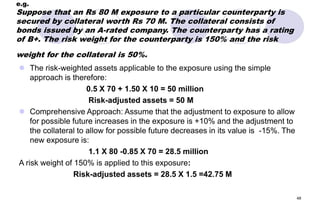 48
e.g.
Suppose that an Rs 80 M exposure to a particular counterparty is
secured by collateral worth Rs 70 M. The collateral consists of
bonds issued by an A-rated company. The counterparty has a rating
of B+. The risk weight for the counterparty is 150% and the risk
weight for the collateral is 50%.
 The risk-weighted assets applicable to the exposure using the simple
approach is therefore:
0.5 X 70 + 1.50 X 10 = 50 million
Risk-adjusted assets = 50 M
 Comprehensive Approach: Assume that the adjustment to exposure to allow
for possible future increases in the exposure is +10% and the adjustment to
the collateral to allow for possible future decreases in its value is -15%. The
new exposure is:
1.1 X 80 -0.85 X 70 = 28.5 million
A risk weight of 150% is applied to this exposure:
Risk-adjusted assets = 28.5 X 1.5 =42.75 M
 
