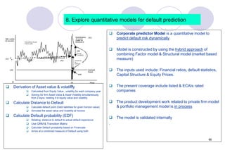 66
8. Explore quantitative models for default prediction
 Corporate predictor Model is a quantitative model to
predict default risk dynamically
 Model is constructed by using the hybrid approach of
combining Factor model & Structural model (market based
measure)
 The inputs used include: Financial ratios, default statistics,
Capital Structure & Equity Prices.
 The present coverage include listed & ECAIs rated
companies
 The product development work related to private firm model
& portfolio management model is in process
 The model is validated internally
.
 Derivation of Asset value & volatility
 Calculated from Equity Value , volatility for each company-year
 Solving for firm Asset Value & Asset Volatility simultaneously
from 2 eqns. relating it to equity value and volatility
 Calculate Distance to Default
 Calculate default point (Debt liabilities for given horizon value)
 Simulate the asset value and Volatility at horizon
 Calculate Default probability (EDF)
 Relating distance to default to actual default experience
 Use QRM & Transition Matrix
 Calculate Default probability based on Financials
 Arrive at a combined measure of Default using both
 