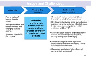 70
Modernize
and innovate
Islamic financial
system within
Shariah boundary
to meet customers’
demand
 Continuous adaptation of Islamic financial
products - is it sustainable?
Given that... There is this
need to...
Confront and
resolve issues

•Fast evolution of
Islamic financial
system
•Rising competition from
well established and
emerging financial
centres
•Untapped potential in
the industry
 Continuously review regulatory and legal
framework to suit Shariah requirements
 Develop and standardize global Islamic banking
practices – promote uniformity to facilitate cross
border transaction and global convention –
equivalent to ISDA, UCP
 Conduct in depth research and find solution on
Shariah issues relating to risk mitigation,
liquidity management and hedging
 Address shortage of talents in particular
financial savvy Shariah Scholars and Shariah
savvy financial practitioners
Issues and Challenges...
 