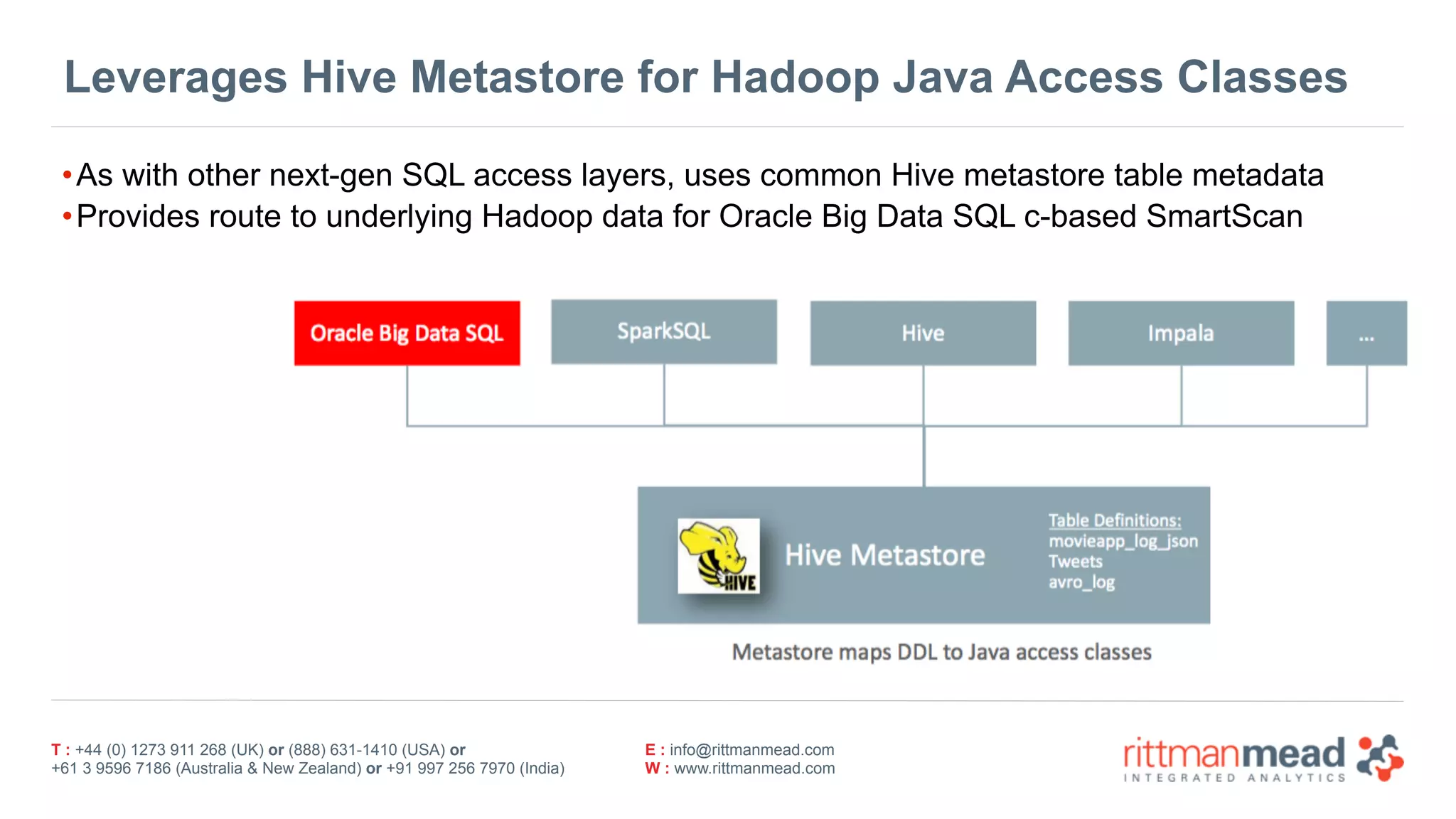 T : +44 (0) 1273 911 268 (UK) or (888) 631-1410 (USA) or  
+61 3 9596 7186 (Australia & New Zealand) or +91 997 256 7970 (India)
E : info@rittmanmead.com
W : www.rittmanmead.com
Leverages Hive Metastore for Hadoop Java Access Classes
•As with other next-gen SQL access layers, uses common Hive metastore table metadata
•Provides route to underlying Hadoop data for Oracle Big Data SQL c-based SmartScan
 