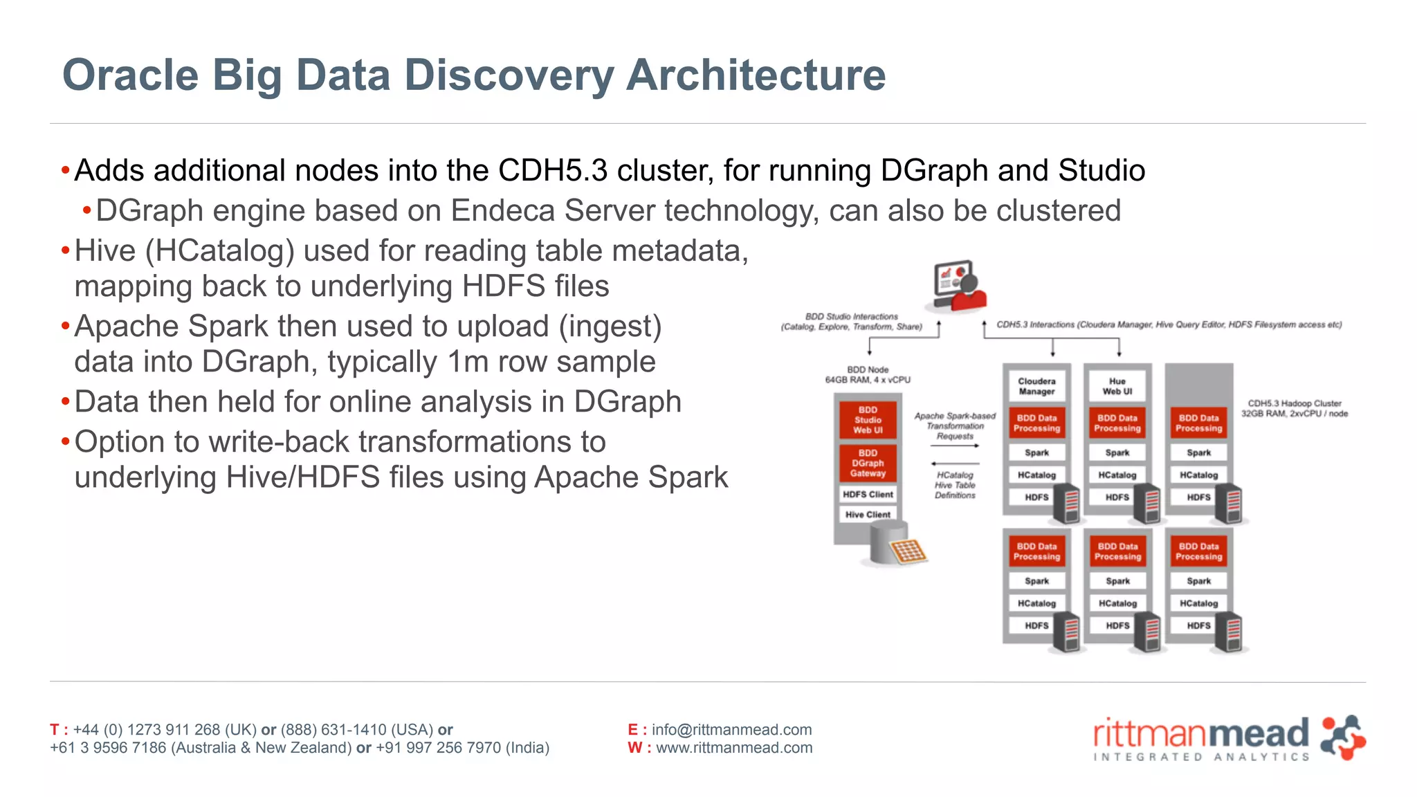 T : +44 (0) 1273 911 268 (UK) or (888) 631-1410 (USA) or  
+61 3 9596 7186 (Australia & New Zealand) or +91 997 256 7970 (India)
E : info@rittmanmead.com
W : www.rittmanmead.com
Oracle Big Data Discovery Architecture
•Adds additional nodes into the CDH5.3 cluster, for running DGraph and Studio
•DGraph engine based on Endeca Server technology, can also be clustered
•Hive (HCatalog) used for reading table metadata, 
mapping back to underlying HDFS files
•Apache Spark then used to upload (ingest) 
data into DGraph, typically 1m row sample
•Data then held for online analysis in DGraph
•Option to write-back transformations to 
underlying Hive/HDFS files using Apache Spark
 