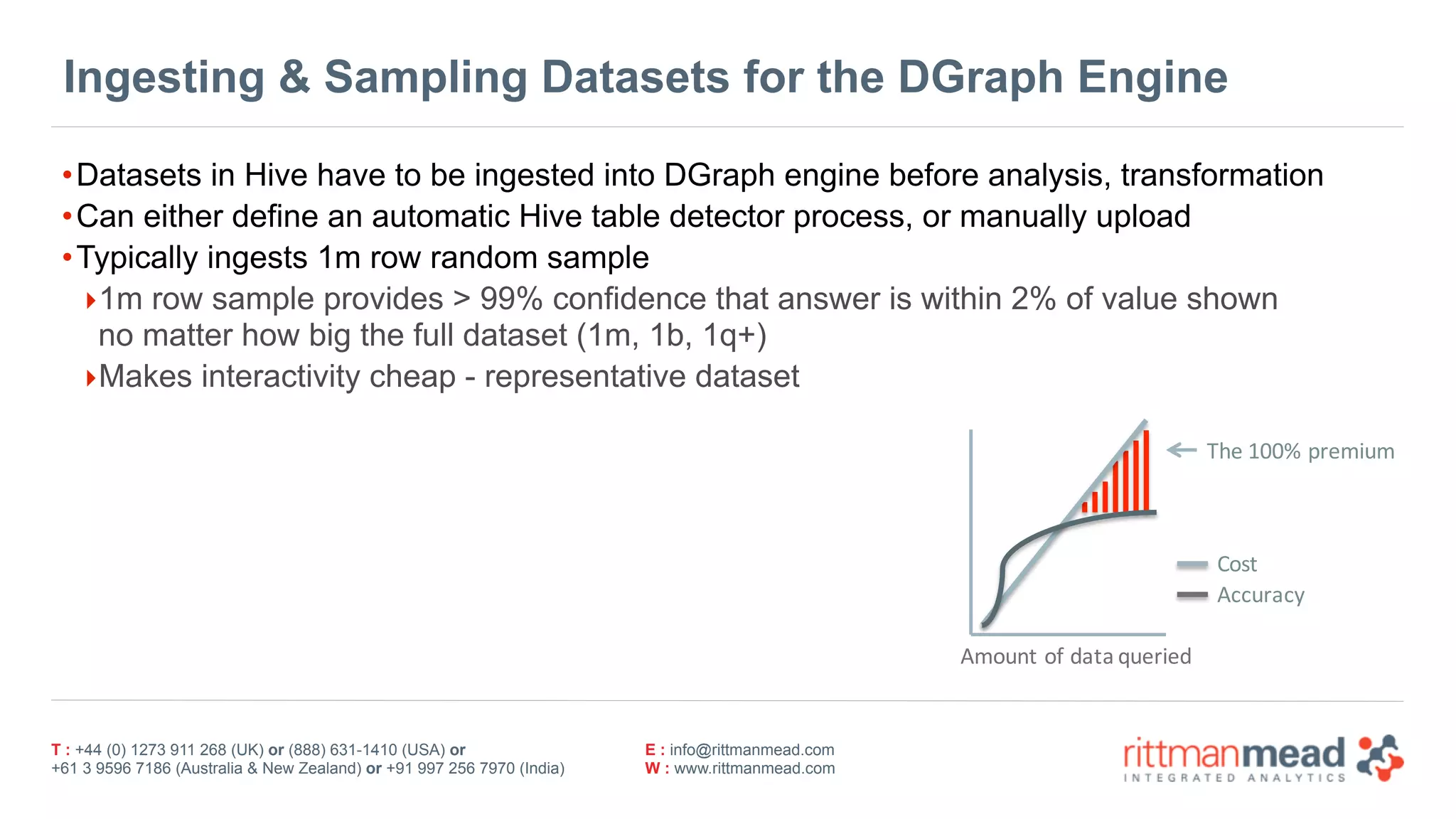 T : +44 (0) 1273 911 268 (UK) or (888) 631-1410 (USA) or  
+61 3 9596 7186 (Australia & New Zealand) or +91 997 256 7970 (India)
E : info@rittmanmead.com
W : www.rittmanmead.com
Ingesting & Sampling Datasets for the DGraph Engine
•Datasets in Hive have to be ingested into DGraph engine before analysis, transformation
•Can either define an automatic Hive table detector process, or manually upload
•Typically ingests 1m row random sample
‣1m row sample provides > 99% confidence that answer is within 2% of value shown 
no matter how big the full dataset (1m, 1b, 1q+)
‣Makes interactivity cheap - representative dataset
Amount'of'data'queried
The'100%'premium
Cost
Accuracy
 