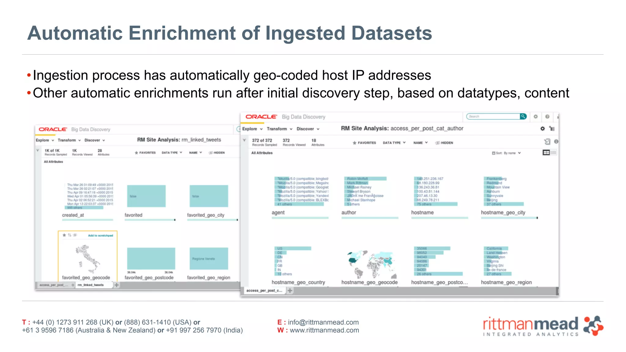 T : +44 (0) 1273 911 268 (UK) or (888) 631-1410 (USA) or  
+61 3 9596 7186 (Australia & New Zealand) or +91 997 256 7970 (India)
E : info@rittmanmead.com
W : www.rittmanmead.com
Automatic Enrichment of Ingested Datasets
•Ingestion process has automatically geo-coded host IP addresses
•Other automatic enrichments run after initial discovery step, based on datatypes, content
 