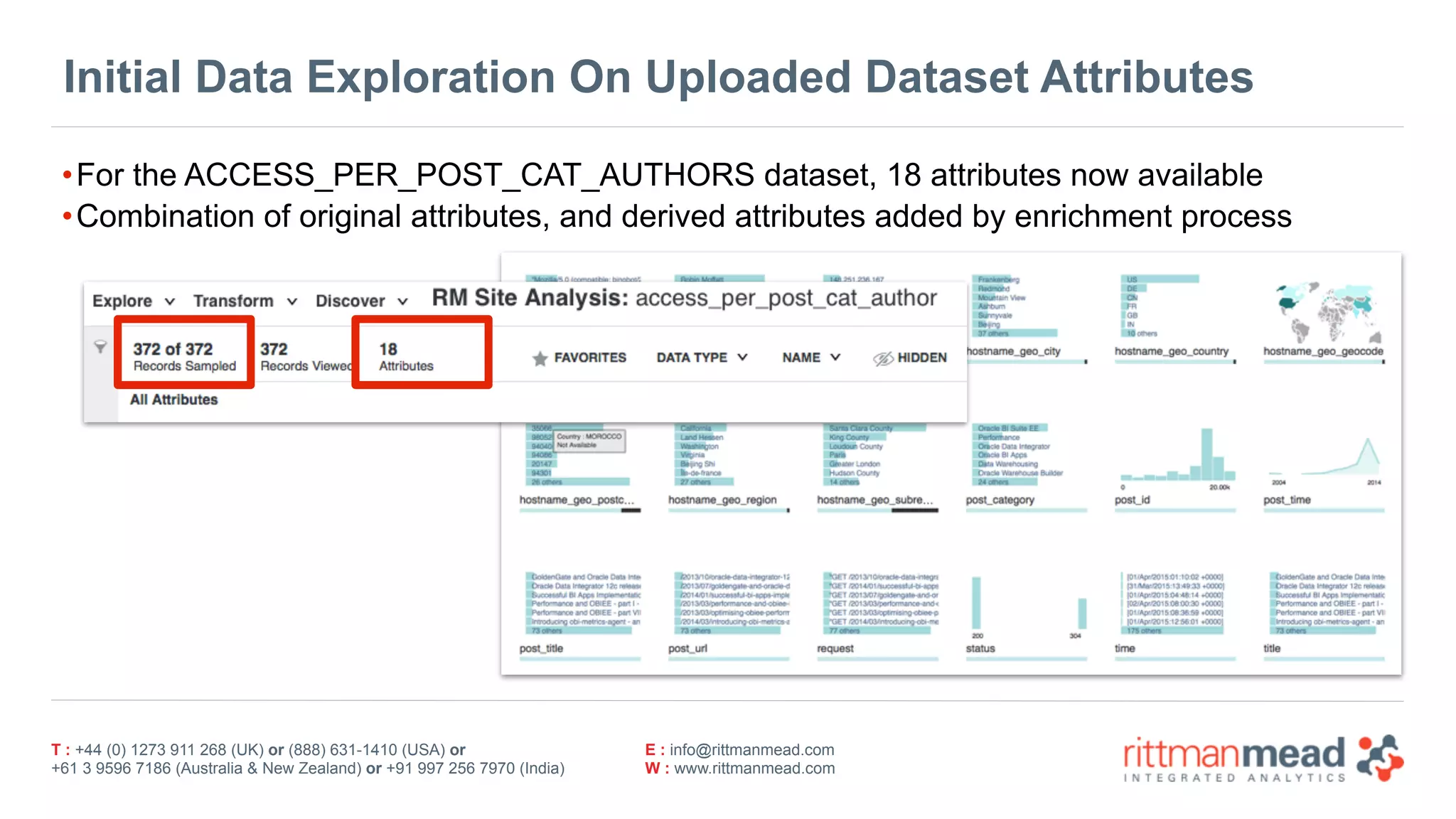 T : +44 (0) 1273 911 268 (UK) or (888) 631-1410 (USA) or  
+61 3 9596 7186 (Australia & New Zealand) or +91 997 256 7970 (India)
E : info@rittmanmead.com
W : www.rittmanmead.com
Initial Data Exploration On Uploaded Dataset Attributes
•For the ACCESS_PER_POST_CAT_AUTHORS dataset, 18 attributes now available
•Combination of original attributes, and derived attributes added by enrichment process
 