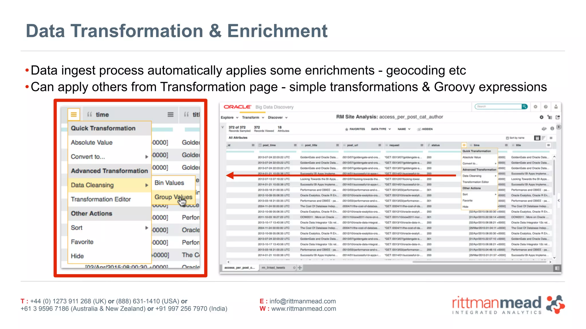 T : +44 (0) 1273 911 268 (UK) or (888) 631-1410 (USA) or  
+61 3 9596 7186 (Australia & New Zealand) or +91 997 256 7970 (India)
E : info@rittmanmead.com
W : www.rittmanmead.com
Data Transformation & Enrichment
•Data ingest process automatically applies some enrichments - geocoding etc
•Can apply others from Transformation page - simple transformations & Groovy expressions
 