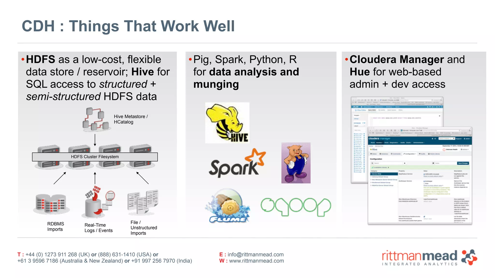 T : +44 (0) 1273 911 268 (UK) or (888) 631-1410 (USA) or  
+61 3 9596 7186 (Australia & New Zealand) or +91 997 256 7970 (India)
E : info@rittmanmead.com
W : www.rittmanmead.com
CDH : Things That Work Well
•HDFS as a low-cost, flexible 
data store / reservoir; Hive for 
SQL access to structured + 
semi-structured HDFS data
•Pig, Spark, Python, R 
for data analysis and
munging
•Cloudera Manager and 
Hue for web-based 
admin + dev access
Real-Time  
Logs / Events
RDBMS 
Imports
File /  
Unstructured 
Imports
Hive Metastore / 
HCatalog
HDFS Cluster Filesystem
 