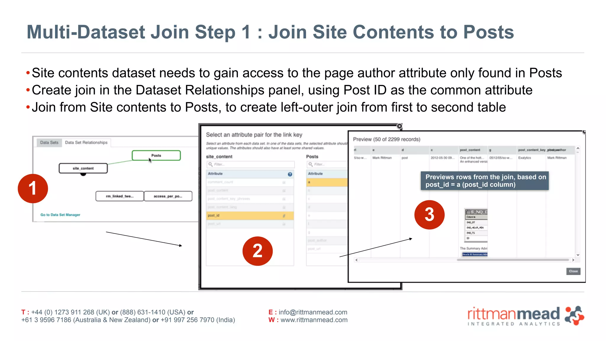 T : +44 (0) 1273 911 268 (UK) or (888) 631-1410 (USA) or  
+61 3 9596 7186 (Australia & New Zealand) or +91 997 256 7970 (India)
E : info@rittmanmead.com
W : www.rittmanmead.com
Multi-Dataset Join Step 1 : Join Site Contents to Posts
•Site contents dataset needs to gain access to the page author attribute only found in Posts
•Create join in the Dataset Relationships panel, using Post ID as the common attribute
•Join from Site contents to Posts, to create left-outer join from first to second table
1
2
3
Previews rows from the join, based on 
post_id = a (post_id column)
 