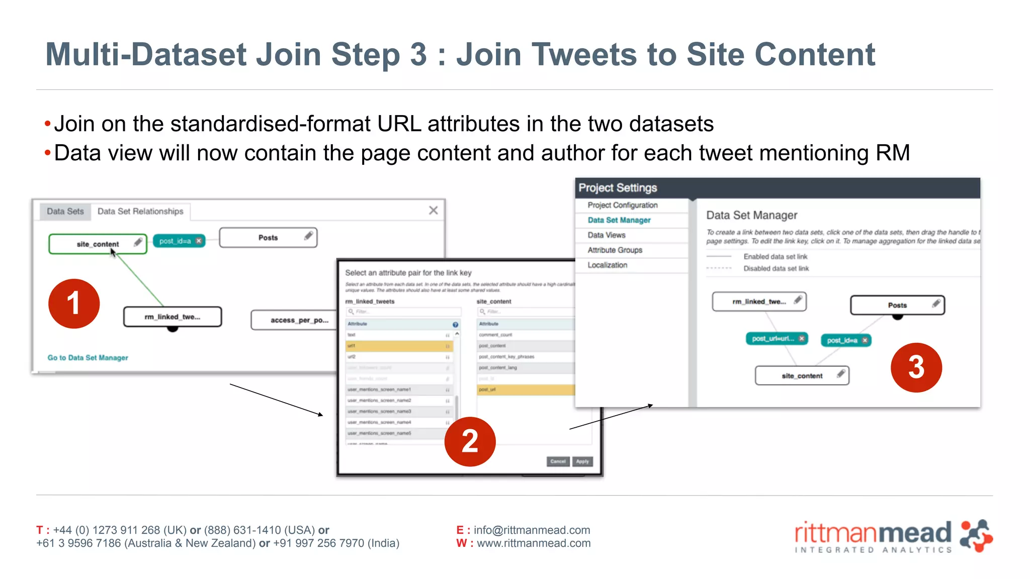 T : +44 (0) 1273 911 268 (UK) or (888) 631-1410 (USA) or  
+61 3 9596 7186 (Australia & New Zealand) or +91 997 256 7970 (India)
E : info@rittmanmead.com
W : www.rittmanmead.com
Multi-Dataset Join Step 3 : Join Tweets to Site Content
•Join on the standardised-format URL attributes in the two datasets
•Data view will now contain the page content and author for each tweet mentioning RM
1
2
3
 