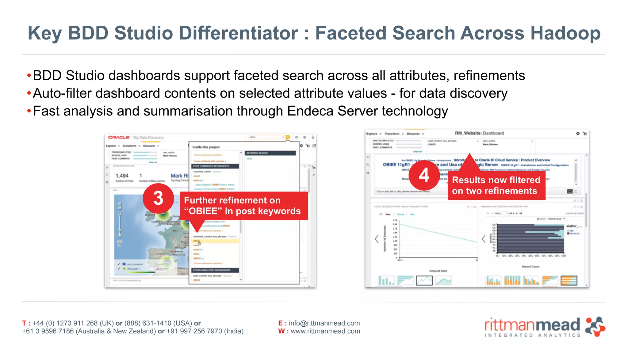 T : +44 (0) 1273 911 268 (UK) or (888) 631-1410 (USA) or  
+61 3 9596 7186 (Australia & New Zealand) or +91 997 256 7970 (India)
E : info@rittmanmead.com
W : www.rittmanmead.com
Key BDD Studio Differentiator : Faceted Search Across Hadoop
•BDD Studio dashboards support faceted search across all attributes, refinements
•Auto-filter dashboard contents on selected attribute values - for data discovery
•Fast analysis and summarisation through Endeca Server technology
Further refinement on 
“OBIEE” in post keywords
3
Results now filtered 
on two refinements
4
 