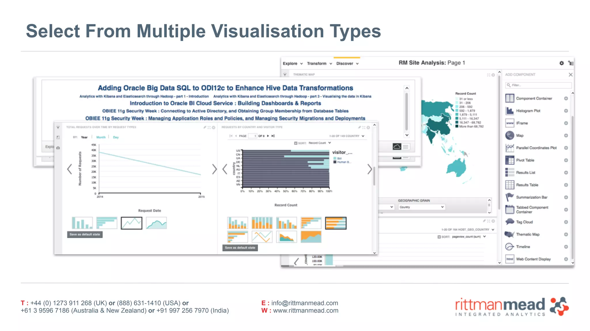 T : +44 (0) 1273 911 268 (UK) or (888) 631-1410 (USA) or  
+61 3 9596 7186 (Australia & New Zealand) or +91 997 256 7970 (India)
E : info@rittmanmead.com
W : www.rittmanmead.com
Select From Multiple Visualisation Types
 