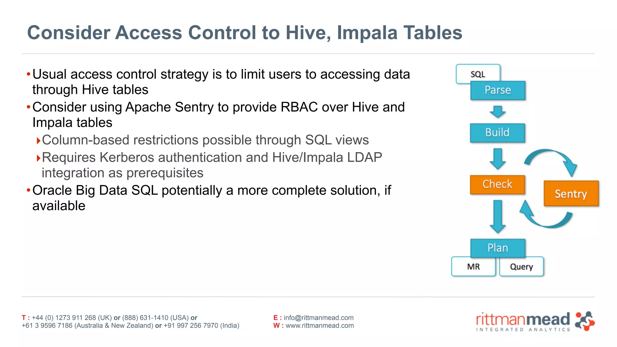 T : +44 (0) 1273 911 268 (UK) or (888) 631-1410 (USA) or  
+61 3 9596 7186 (Australia & New Zealand) or +91 997 256 7970 (India)
E : info@rittmanmead.com
W : www.rittmanmead.com
Consider Access Control to Hive, Impala Tables
•Usual access control strategy is to limit users to accessing data
through Hive tables
•Consider using Apache Sentry to provide RBAC over Hive and
Impala tables
‣Column-based restrictions possible through SQL views
‣Requires Kerberos authentication and Hive/Impala LDAP
integration as prerequisites
•Oracle Big Data SQL potentially a more complete solution, if
available
 