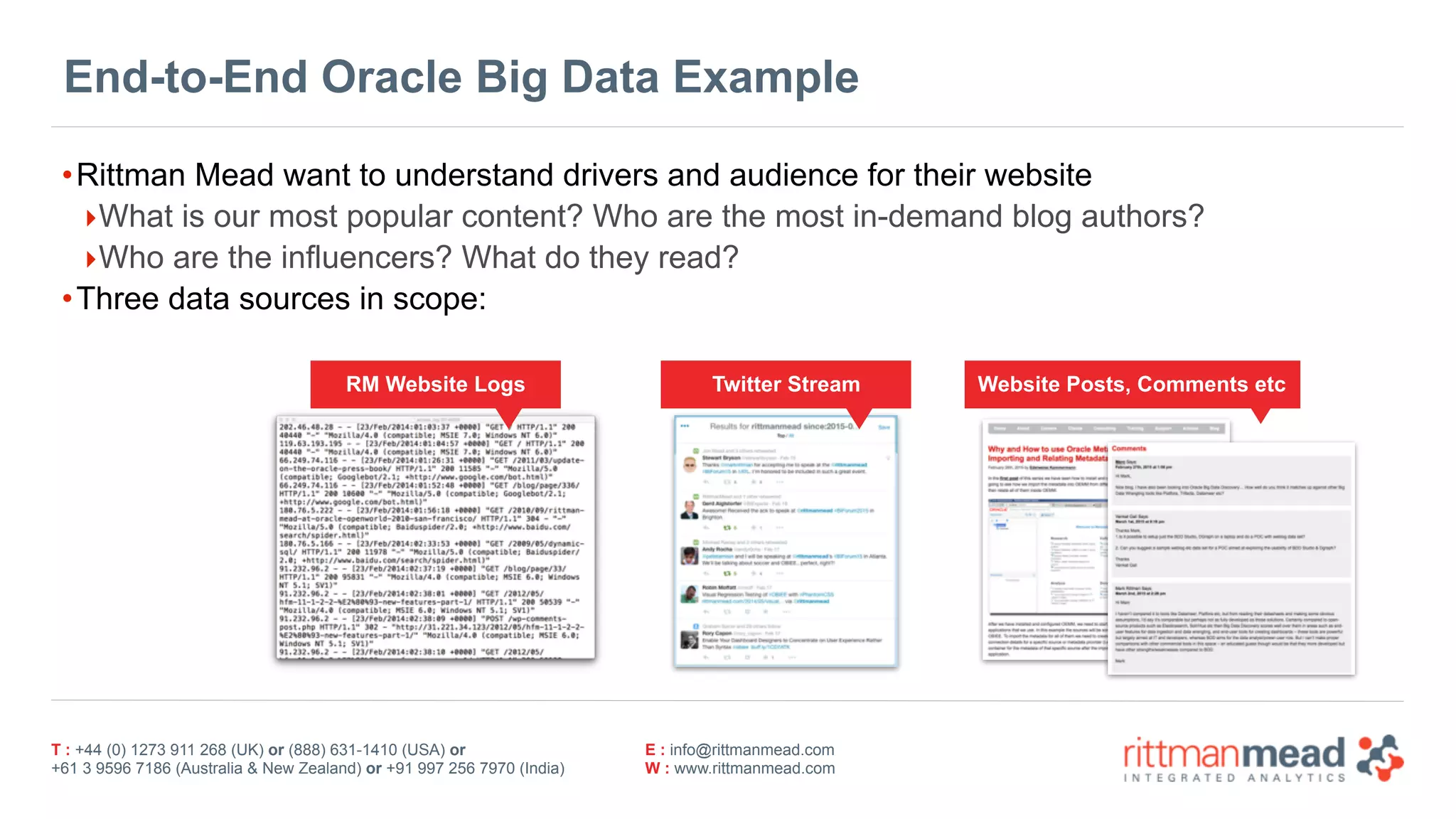 T : +44 (0) 1273 911 268 (UK) or (888) 631-1410 (USA) or  
+61 3 9596 7186 (Australia & New Zealand) or +91 997 256 7970 (India)
E : info@rittmanmead.com
W : www.rittmanmead.com
End-to-End Oracle Big Data Example
•Rittman Mead want to understand drivers and audience for their website
‣What is our most popular content? Who are the most in-demand blog authors?
‣Who are the influencers? What do they read?
•Three data sources in scope:
RM Website Logs Twitter Stream Website Posts, Comments etc
 