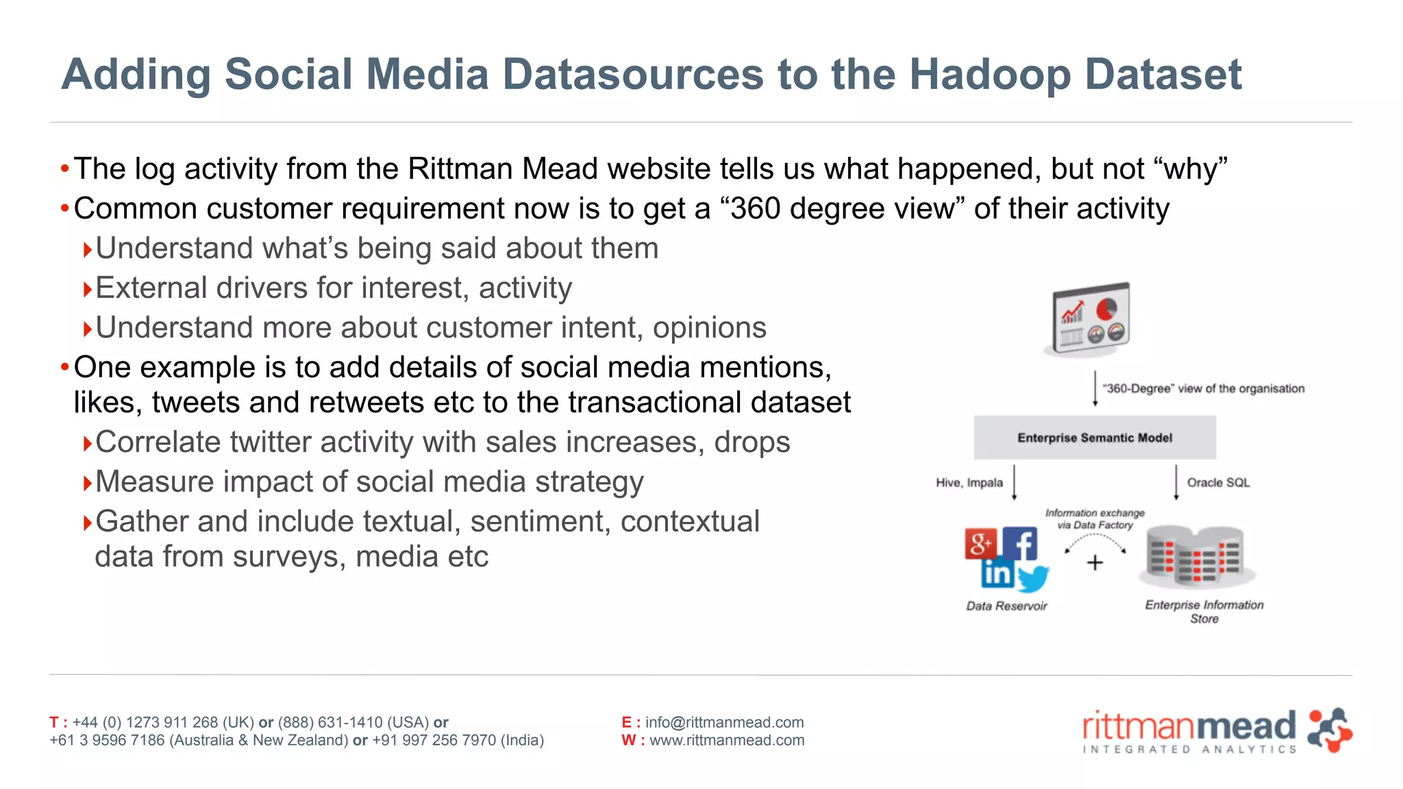 T : +44 (0) 1273 911 268 (UK) or (888) 631-1410 (USA) or  
+61 3 9596 7186 (Australia & New Zealand) or +91 997 256 7970 (India)
E : info@rittmanmead.com
W : www.rittmanmead.com
Adding Social Media Datasources to the Hadoop Dataset
•The log activity from the Rittman Mead website tells us what happened, but not “why”
•Common customer requirement now is to get a “360 degree view” of their activity
‣Understand what’s being said about them
‣External drivers for interest, activity
‣Understand more about customer intent, opinions
•One example is to add details of social media mentions, 
likes, tweets and retweets etc to the transactional dataset
‣Correlate twitter activity with sales increases, drops
‣Measure impact of social media strategy
‣Gather and include textual, sentiment, contextual 
data from surveys, media etc
 