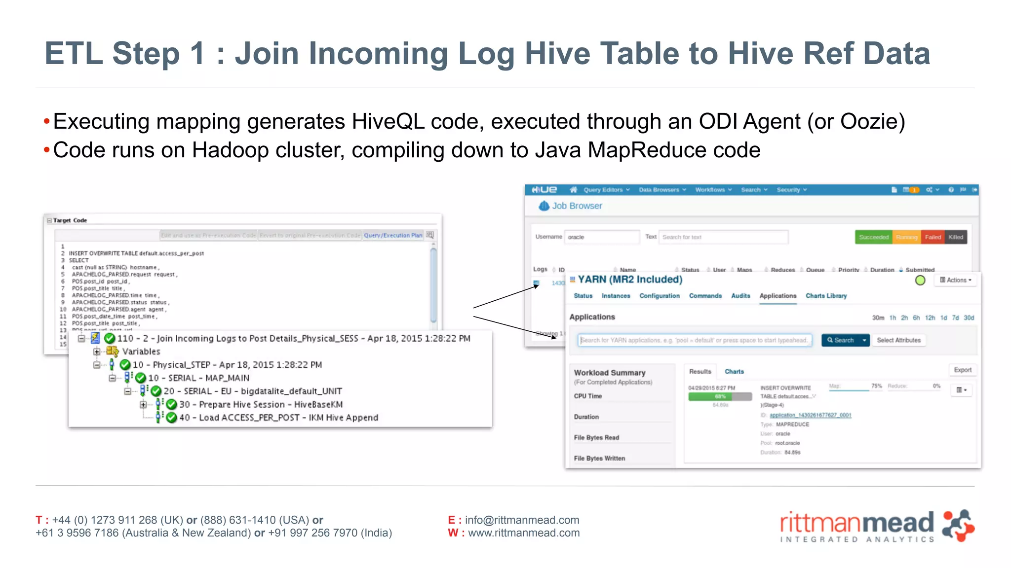 T : +44 (0) 1273 911 268 (UK) or (888) 631-1410 (USA) or  
+61 3 9596 7186 (Australia & New Zealand) or +91 997 256 7970 (India)
E : info@rittmanmead.com
W : www.rittmanmead.com
ETL Step 1 : Join Incoming Log Hive Table to Hive Ref Data
•Executing mapping generates HiveQL code, executed through an ODI Agent (or Oozie)
•Code runs on Hadoop cluster, compiling down to Java MapReduce code
 