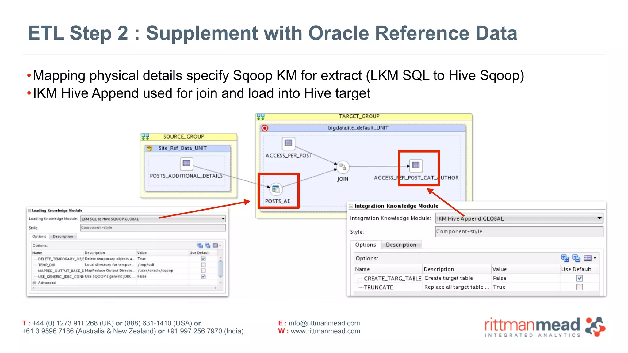 T : +44 (0) 1273 911 268 (UK) or (888) 631-1410 (USA) or  
+61 3 9596 7186 (Australia & New Zealand) or +91 997 256 7970 (India)
E : info@rittmanmead.com
W : www.rittmanmead.com
ETL Step 2 : Supplement with Oracle Reference Data
•Mapping physical details specify Sqoop KM for extract (LKM SQL to Hive Sqoop)
•IKM Hive Append used for join and load into Hive target
 