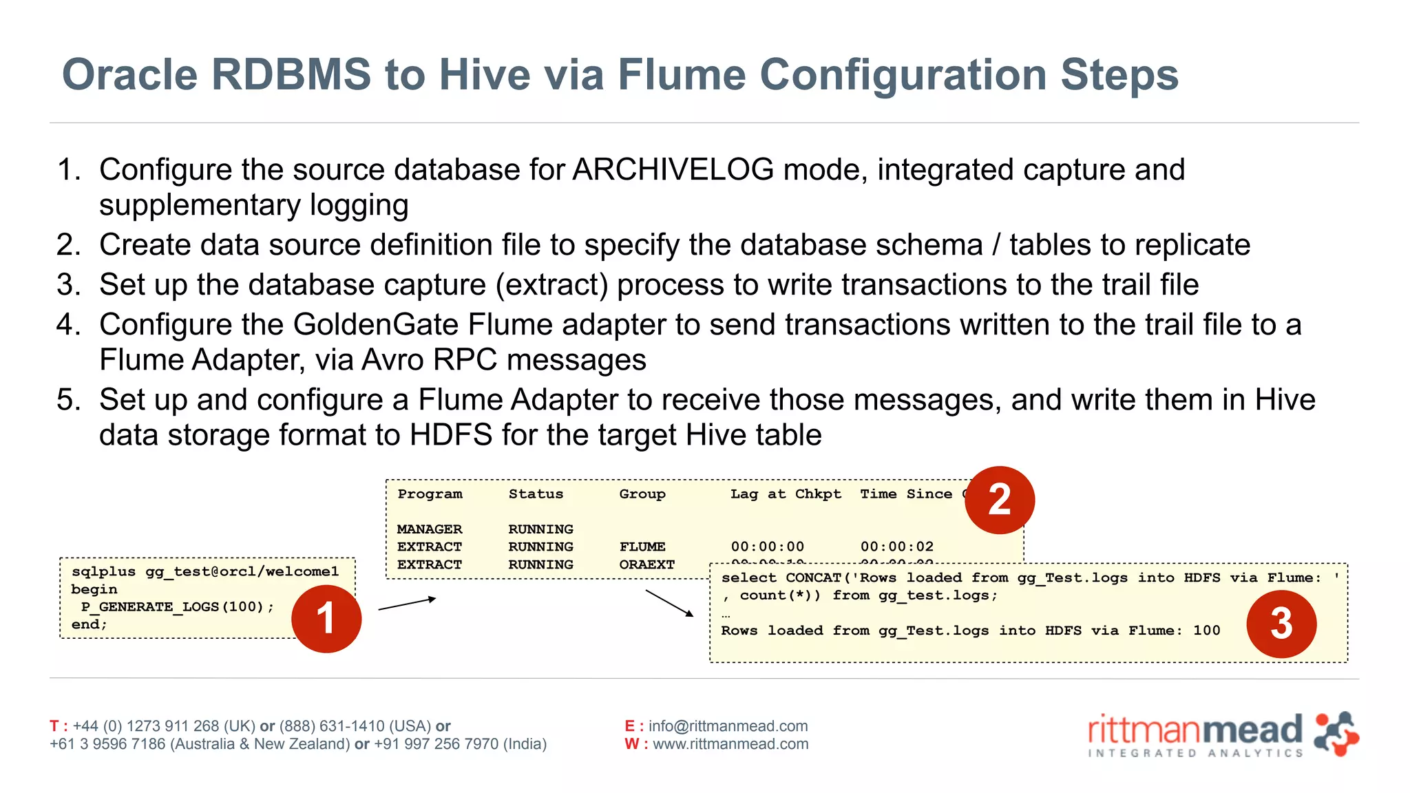T : +44 (0) 1273 911 268 (UK) or (888) 631-1410 (USA) or  
+61 3 9596 7186 (Australia & New Zealand) or +91 997 256 7970 (India)
E : info@rittmanmead.com
W : www.rittmanmead.com
Oracle RDBMS to Hive via Flume Configuration Steps
1. Configure the source database for ARCHIVELOG mode, integrated capture and
supplementary logging
2. Create data source definition file to specify the database schema / tables to replicate
3. Set up the database capture (extract) process to write transactions to the trail file
4. Configure the GoldenGate Flume adapter to send transactions written to the trail file to a
Flume Adapter, via Avro RPC messages
5. Set up and configure a Flume Adapter to receive those messages, and write them in Hive
data storage format to HDFS for the target Hive table
Program Status Group Lag at Chkpt Time Since Chkpt
MANAGER RUNNING
EXTRACT RUNNING FLUME 00:00:00 00:00:02
EXTRACT RUNNING ORAEXT 00:00:10 00:00:02
select CONCAT('Rows loaded from gg_Test.logs into HDFS via Flume: ' 
, count(*)) from gg_test.logs;
…
Rows loaded from gg_Test.logs into HDFS via Flume: 100
sqlplus gg_test@orcl/welcome1
begin  
P_GENERATE_LOGS(100);  
end;
2
1 3
 