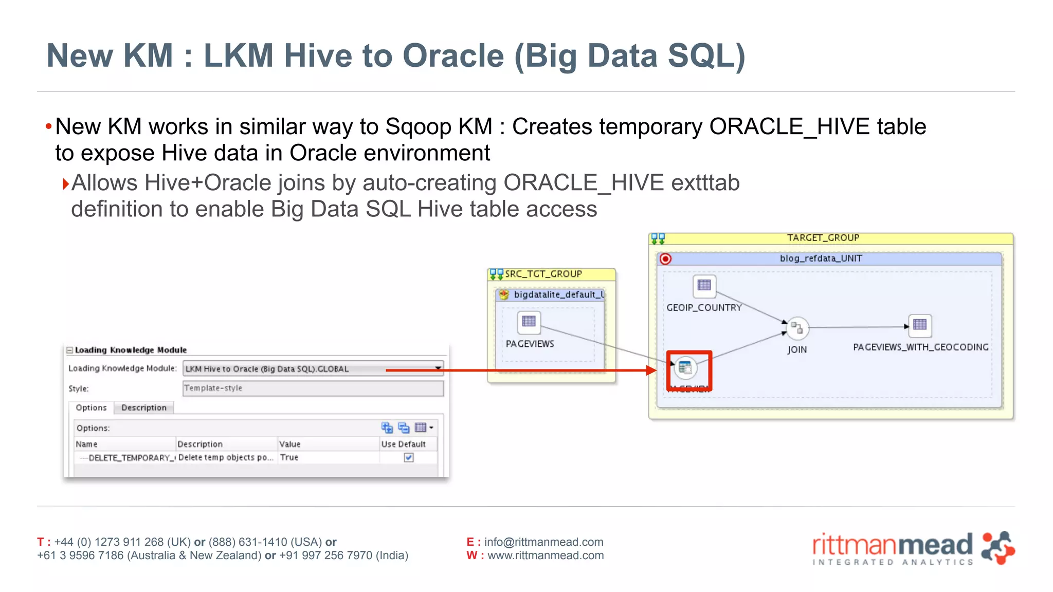 T : +44 (0) 1273 911 268 (UK) or (888) 631-1410 (USA) or  
+61 3 9596 7186 (Australia & New Zealand) or +91 997 256 7970 (India)
E : info@rittmanmead.com
W : www.rittmanmead.com
New KM : LKM Hive to Oracle (Big Data SQL)
•New KM works in similar way to Sqoop KM : Creates temporary ORACLE_HIVE table 
to expose Hive data in Oracle environment
‣Allows Hive+Oracle joins by auto-creating ORACLE_HIVE extttab  
definition to enable Big Data SQL Hive table access
 