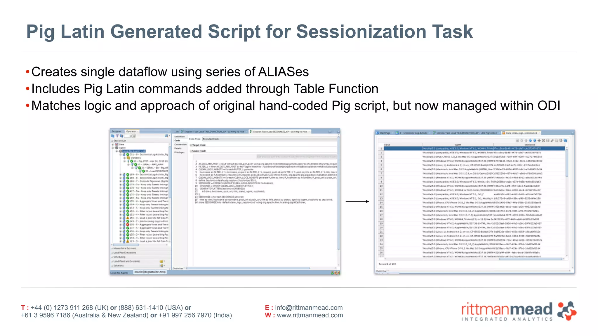T : +44 (0) 1273 911 268 (UK) or (888) 631-1410 (USA) or  
+61 3 9596 7186 (Australia & New Zealand) or +91 997 256 7970 (India)
E : info@rittmanmead.com
W : www.rittmanmead.com
Pig Latin Generated Script for Sessionization Task
•Creates single dataflow using series of ALIASes
•Includes Pig Latin commands added through Table Function
•Matches logic and approach of original hand-coded Pig script, but now managed within ODI
 