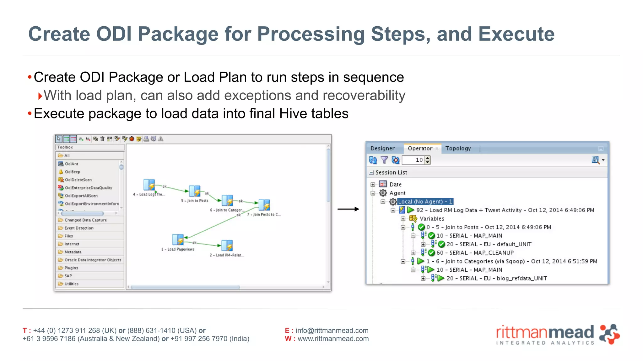 T : +44 (0) 1273 911 268 (UK) or (888) 631-1410 (USA) or  
+61 3 9596 7186 (Australia & New Zealand) or +91 997 256 7970 (India)
E : info@rittmanmead.com
W : www.rittmanmead.com
Create ODI Package for Processing Steps, and Execute
•Create ODI Package or Load Plan to run steps in sequence
‣With load plan, can also add exceptions and recoverability
•Execute package to load data into final Hive tables
 