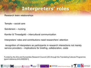 Interpreters’ roles
Funded by the Arts and Humanities Research Council (UK) through the Translating Cultures Programme
[grant reference AH/L006936/1]
Research team relationships
Temple – social care
Sanderson – nursing
Kamler & Threadgold – intercultural communication
Interpreters’ roles and contributions need researchers’ attention
recognition of interpreters as participants in research interactions not merely
service providers – implications for briefing, collaboration, costs
 