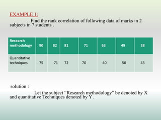 EXAMPLE 1:
Find the rank correlation of following data of marks in 2
subjects in 7 students .
• Research methodology
•
• 90
solution :
Let the subject “Research methodology” be denoted by X
and quantitative Techniques denoted by Y .
Research
methodology 90 82 81 71 63 49 38
Quantitative
techniques 75 71 72 70 40 50 43
 