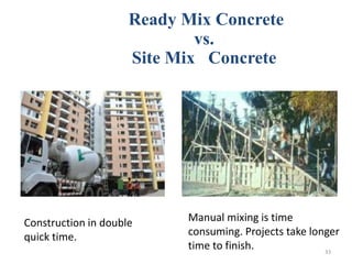 Construction in double
quick time.
Manual mixing is time
consuming. Projects take longer
time to finish.
Ready Mix Concrete
vs.
Site Mix Concrete
33
 