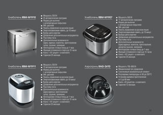 Хлебопечь RBM-M1910
Хлебопечь RBM-M1911
■■ Мощность 550 Bт
■■ 19 автоматических программ
■■ Форма для выпечки
с антипригарным покрытием
■■ ЖК-дисплей
■■ Панель управления на русском языке
■■ Энергонезависимая память до 10 минут
■■ Выбор цвета корочки
■■ Добавление дополнительных ингредиентов
■■ Расстойка теста
■■ Дополнительные возможности:
варка варенья, приготовление
супов, тушение, запекание
■■ Автоподогрев готовых блюд до 1 часа
■■ Функция отложенного старта до 15 часов
■■ Книга «101 рецепт» в комплекте
■■ Гарантия 25 месяцев
■■ Мощность 550 Bт
■■ 25 автоматических программ
■■ Форма для выпечки
с антипригарным покрытием
■■ ЖК-дисплей
■■ Панель управления на русском языке
■■ Энергонезависимая память, до 10 минут
■■ Выбор цвета корочки
■■ Добавление дополнительных ингредиентов
■■ Расстойка теста
■■ Дополнительные возможности:
варка, варенья, компотов, приготовление
супов, тушение, запекание
■■ Автоподогрев готовых блюд до 1 часа
■■ Функция отложенного старта до 15 часов
■■ Книга «101 рецепт» в комплекте
■■ Гарантия 25 месяцев
Аэрогриль RAG-2410 ■■ Мощность 700-800 Вт
■■ Механический тип управления
■■ Галогеновый нагревательный элемент
■■ Регулировка температуры от 60 до 250°С
■■ Установка времени приготовления
от 5 до 60 мин
■■ Книга «20 рецептов» в комплекте
■■ Гарантия 12 месяцев
Хлебопечь RBM-M1907 ■■ Мощность 500 Bт
■■ 17 автоматических программ
■■ Форма для выпечки
с антипригарным покрытием
■■ ЖК-дисплей
■■ Панель управления на русском языке
■■ Энергонезависимая память, до 10 минут
■■ Выбора цвета корочки
■■ Добавление дополнительных ингредиентов
■■ Расстойка теста
■■ Дополнительные возможности:
варка варенья, компотов, приготовление
десертов,тушение, запекание
■■ Автоподогрев готовых блюд до 1 часа
■■ Функция отложенного старта до 15 часов
■■ Книга «101 рецепт» в комплекте
■■ Гарантия 25 месяцев
19
 